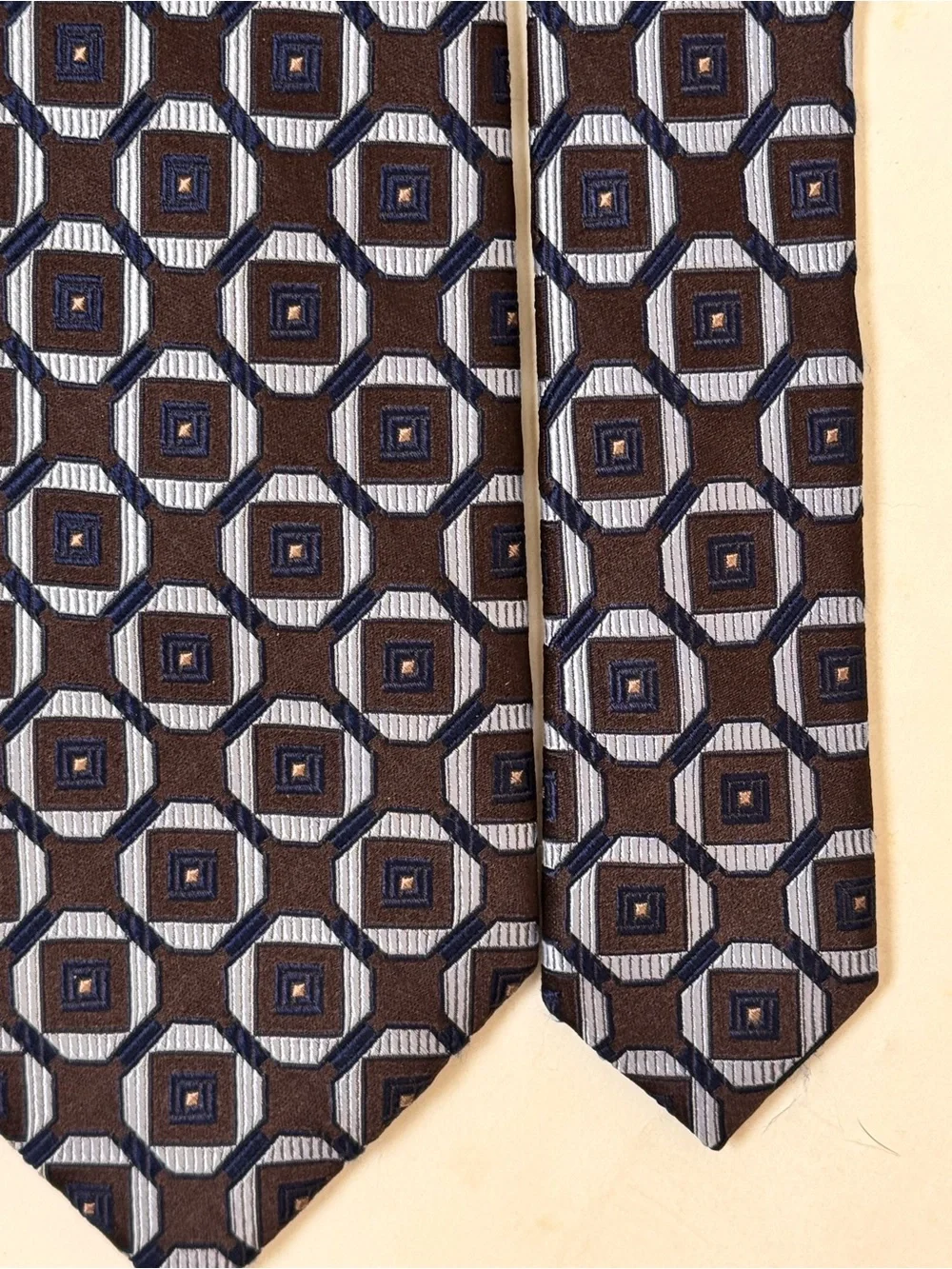 Stafford Executive Men’s Necktie 7 Fold Brown Tie with Navy Geometric Pattern